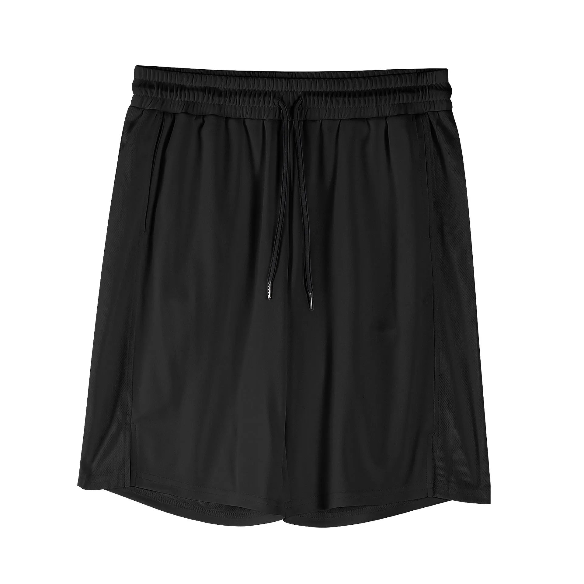 Man wearing black loose-fit quick-dry mesh shorts for summer sports.