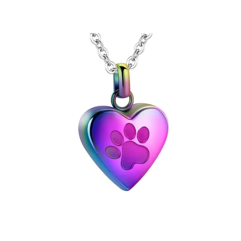 Simple titanium steel heart pendant necklace with paw print, opens for keepsakes.