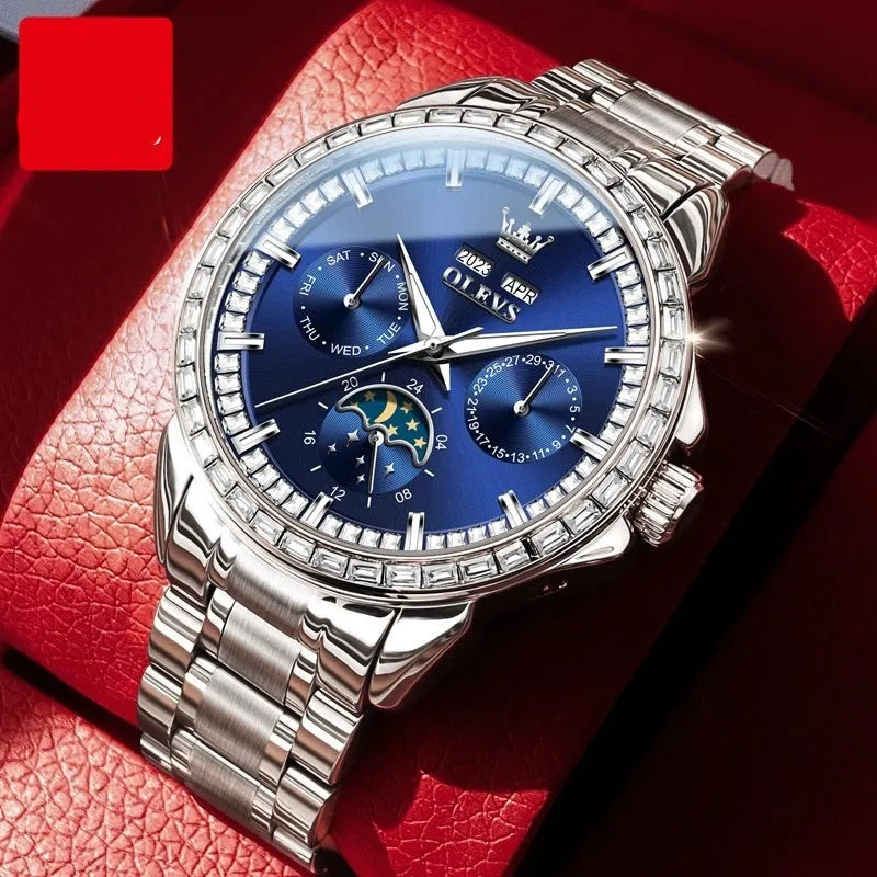 Men's stainless steel automatic watch with diamond dial and transparent case back.