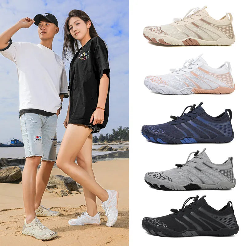 Men's casual running shoes with Lycra stretch upper for beach sports, shown in beige colour.