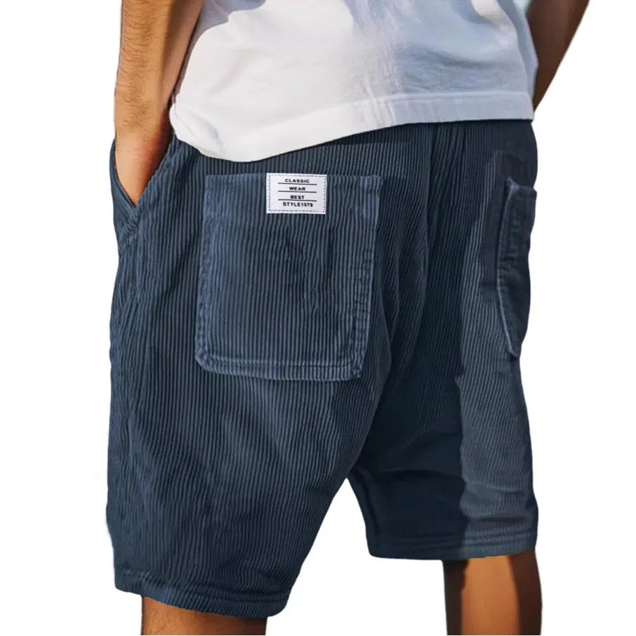 Men's grey corduroy shorts with multiple pockets and embroidery detail, straight-leg summer design