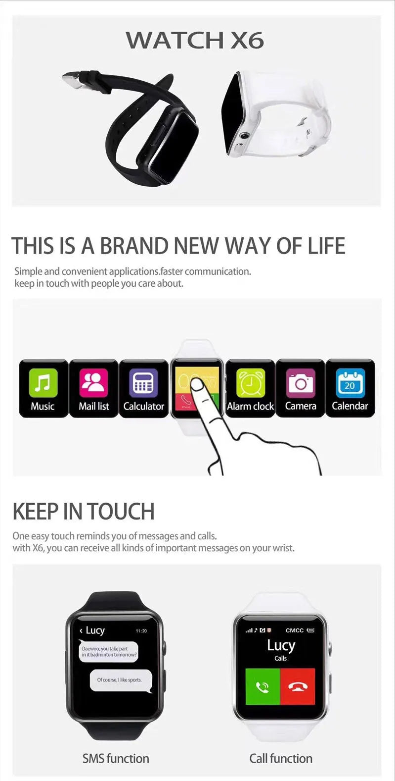 Black smart watch with 1.54 inch touchscreen and silicone strap on a wrist.