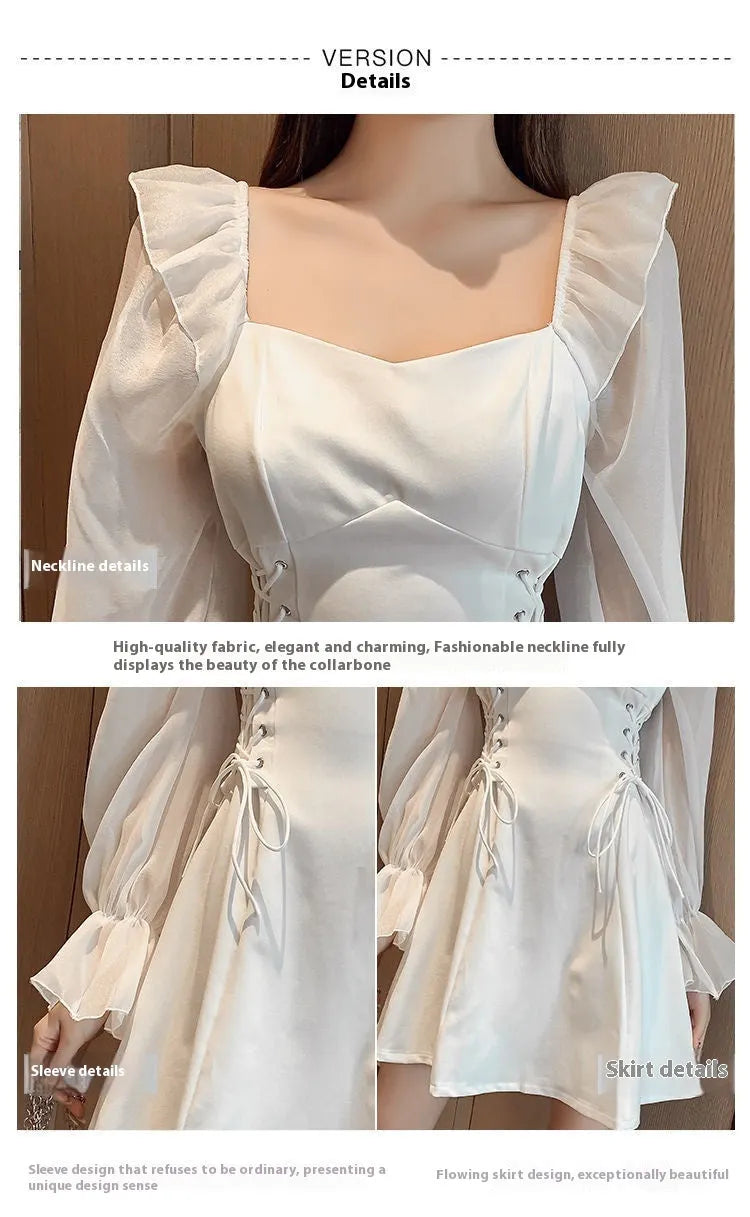 White chiffon patchwork dress with long sleeves, long skirt, and a waist-slimming design on a mannequin.