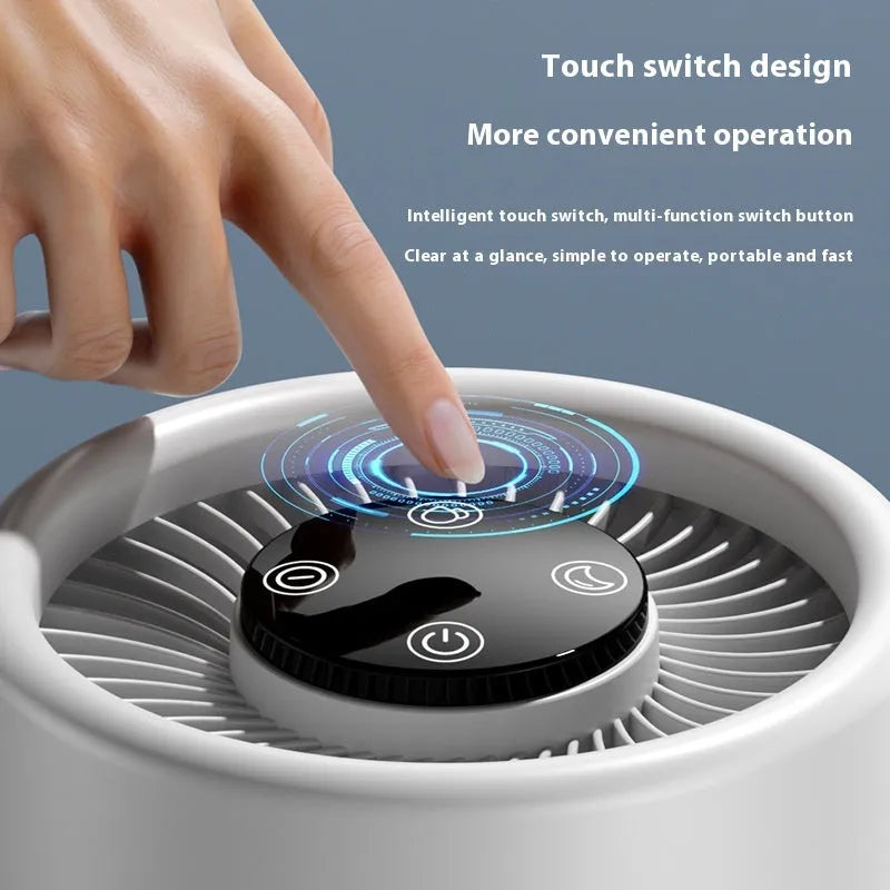 White simple style desktop air purifier with USB cable on a desk