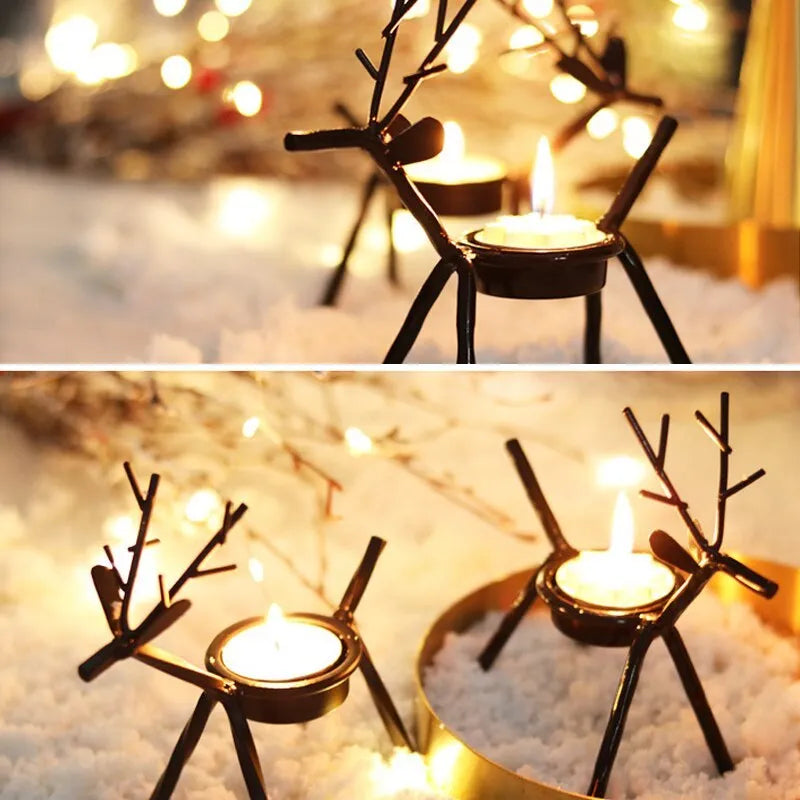 Black iron deer-shaped candlestick holder with fabric decorative elements for Christmas table decoration.