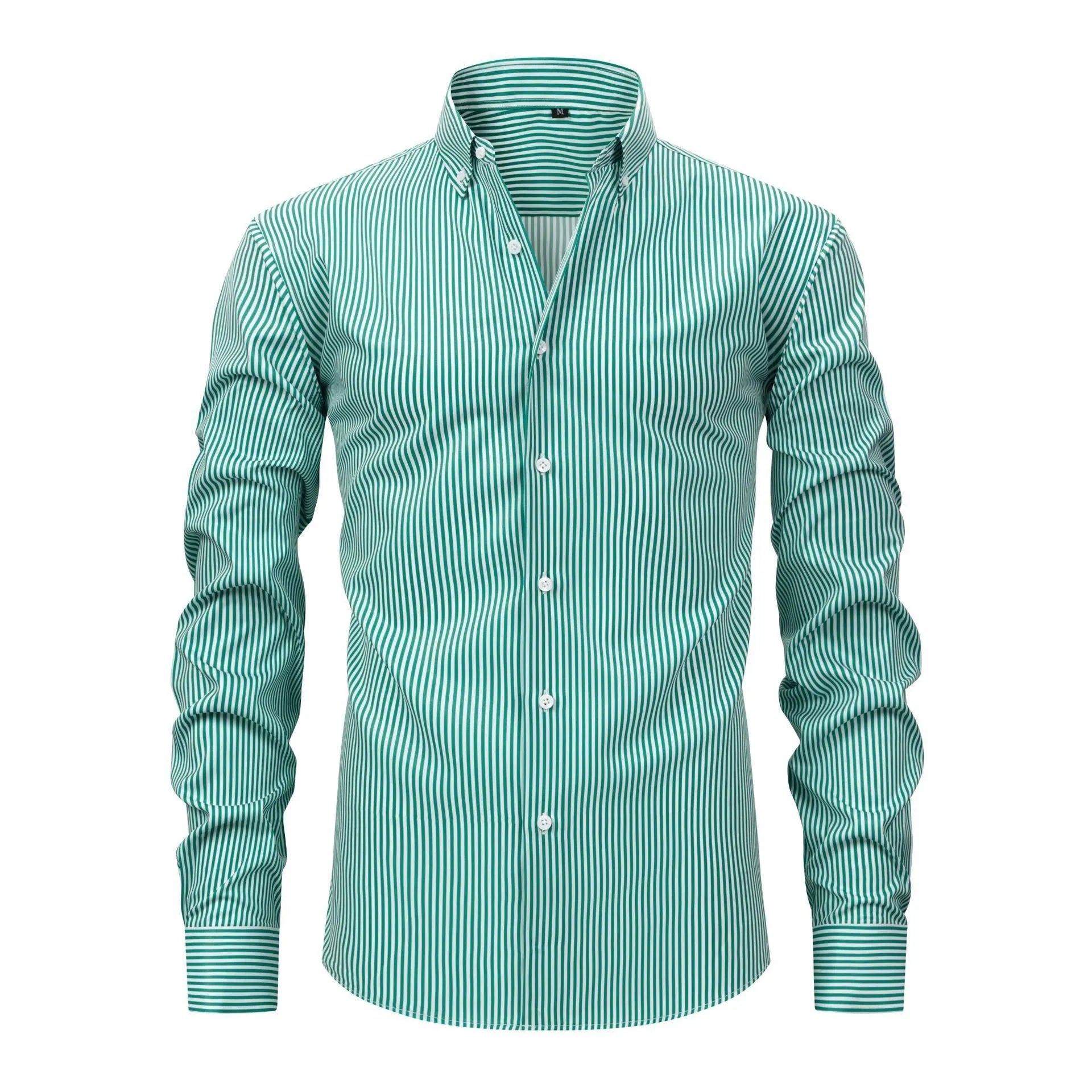 A man wearing a striped long-sleeved business casual shirt with a lapel collar.