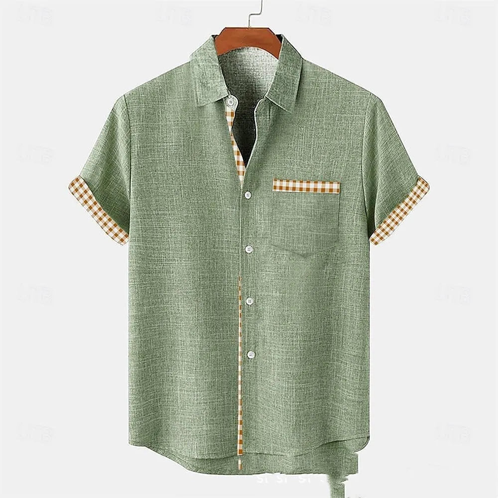 Linen short sleeve shirt with ocean fish pattern lapel in loose casual fit