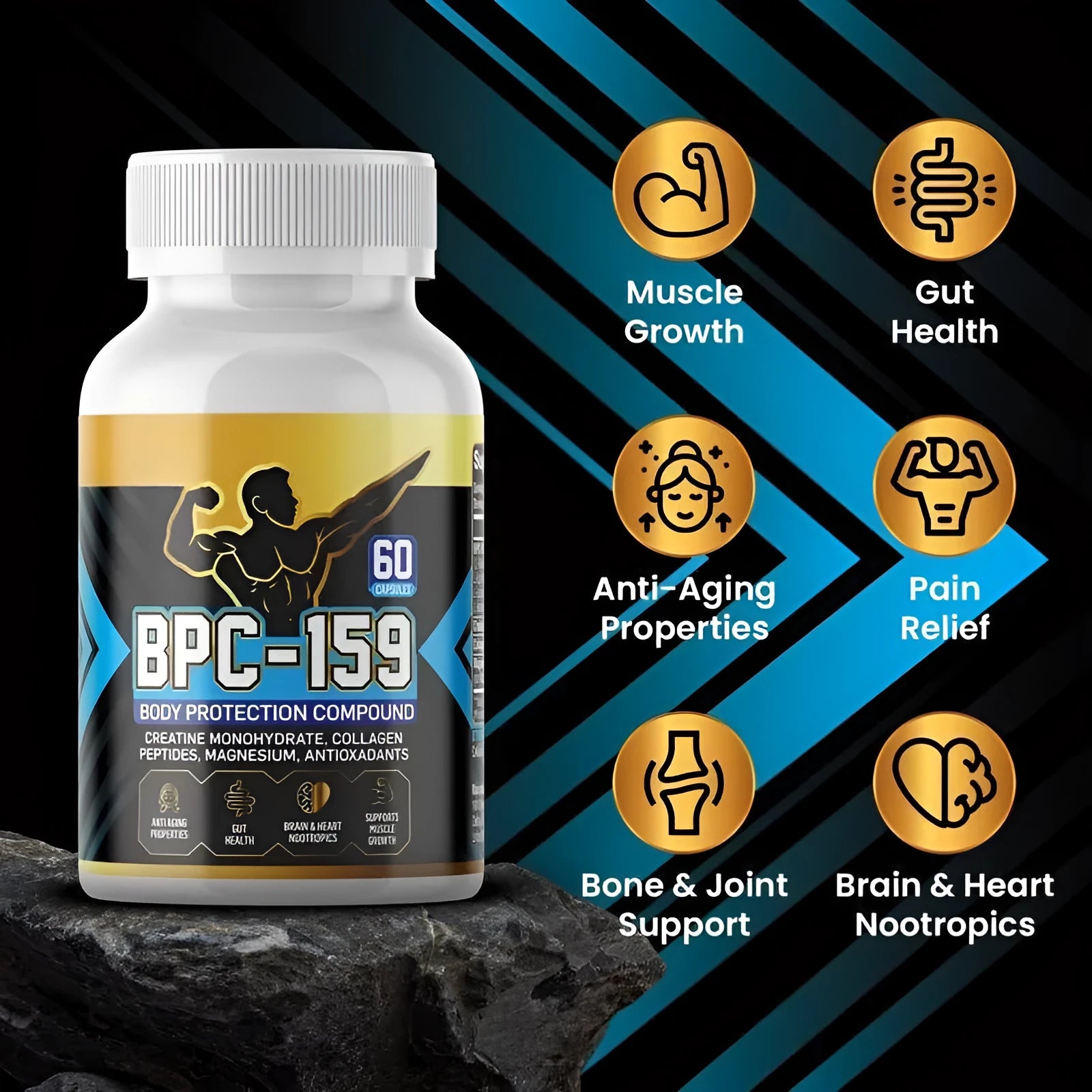A single bottle of body energy supplement capsules on a plain background.