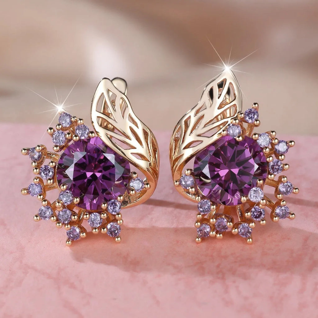 Round flower feather earrings with zircon stones in champagne gold finish, six colour options