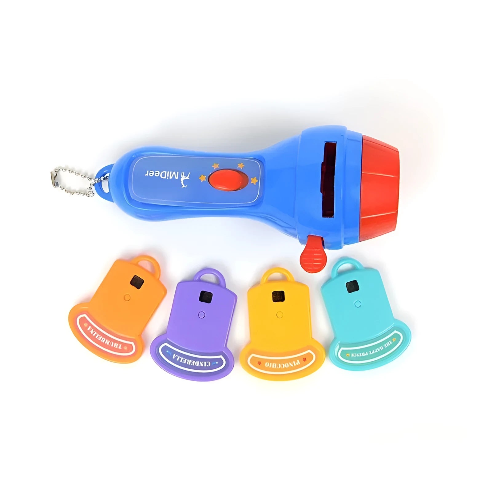SmartKids children's story projector torch with four colourful projection discs showing fairy tale images