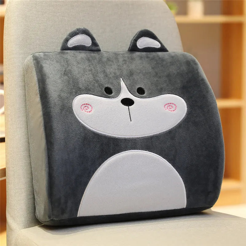 Cartoon-themed car seat cushion with memory foam core and removable cover in various designs like Pink Unicorn and Gray Cat.