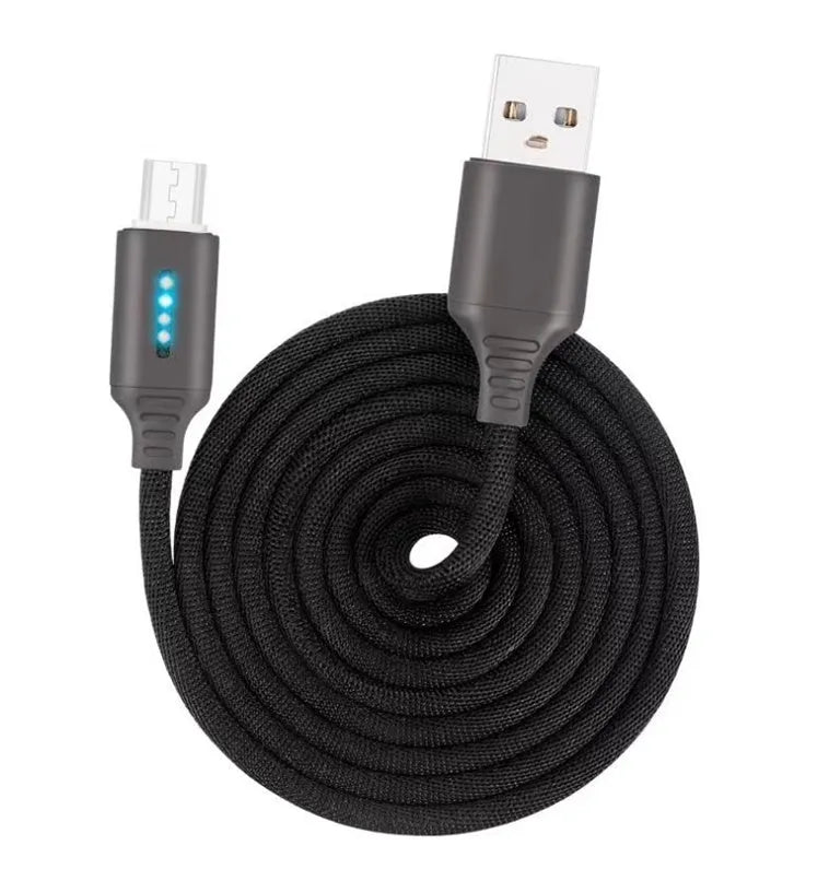 Black fabric braided USB charging cable with Type-C connector, shown at full 1-metre length.