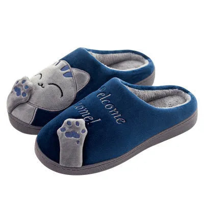 Winter home slippers cartoon cat non-slip soft warm house slippers suede upper in black