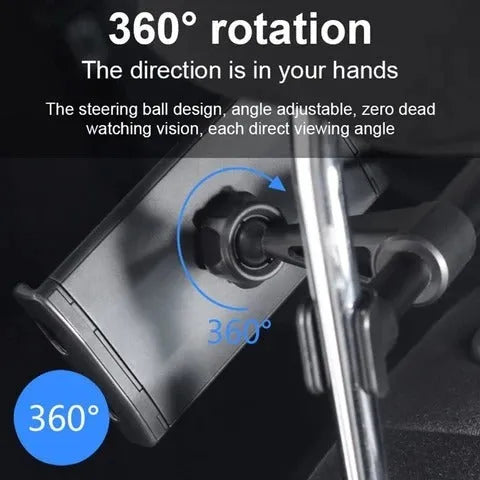 Black car phone holder mounted on rear seat headrest with tablet securely positioned