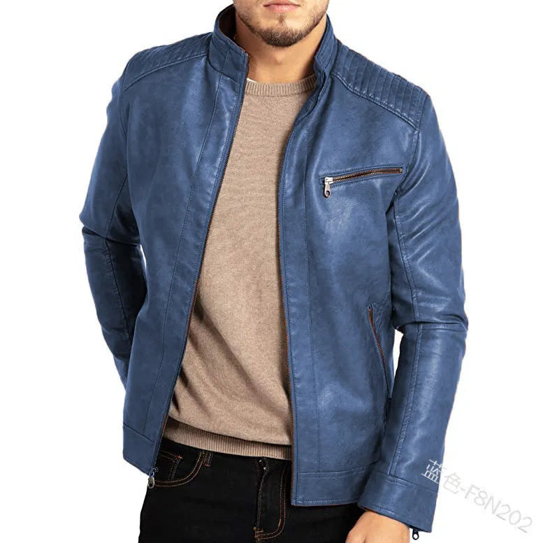 Men's punk-style artificial leather motorcycle jacket with stand collar in multiple colour options