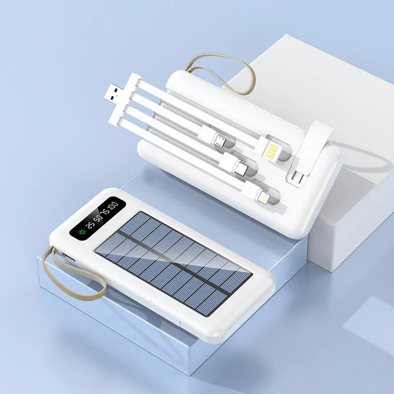 Solar power bank in cool black or ivory white with 20000mAh/30000mAh capacity and compact 144mm design