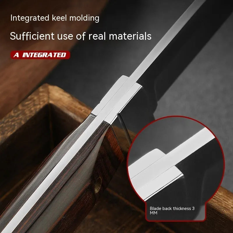 Stainless steel camping fruit knife with a leather protective case.