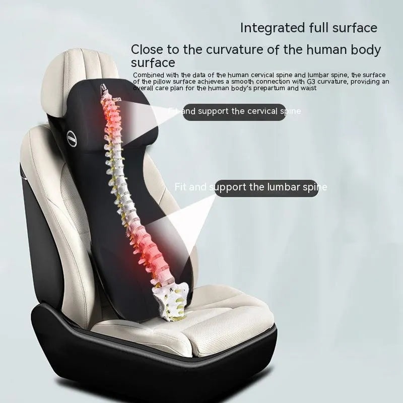 Black automotive memory foam cushion and lumbar support pillow on a car seat.