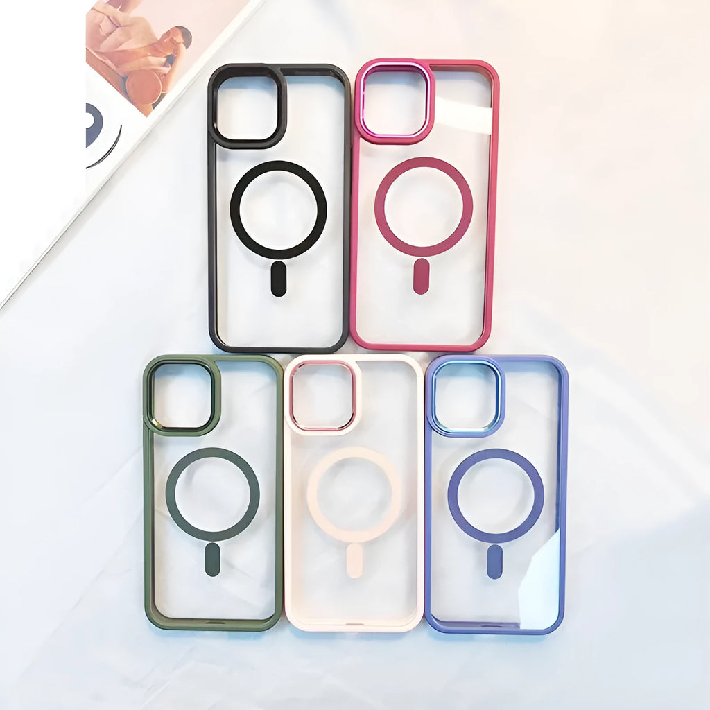 Transparent magnetic silicone phone case for iPhone on a table, showing solid colour edges.
