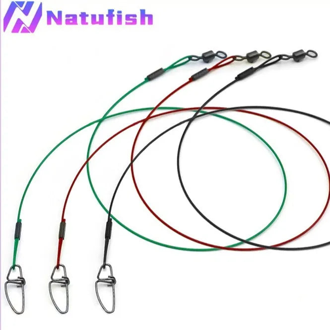 Set of 10 green anti-bite steel wire fishing accessories with double buckle pins, each 54cm long