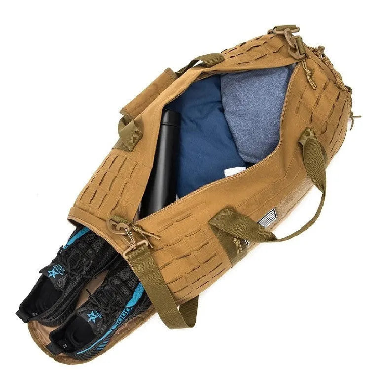 Men's khaki waterproof Oxford cloth sports handbag with air pillow belt, showing size of 56x26x25cm