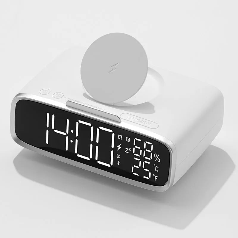 White 3-in-1 wireless charging pad with integrated Bluetooth speaker and soft-glow night light.
