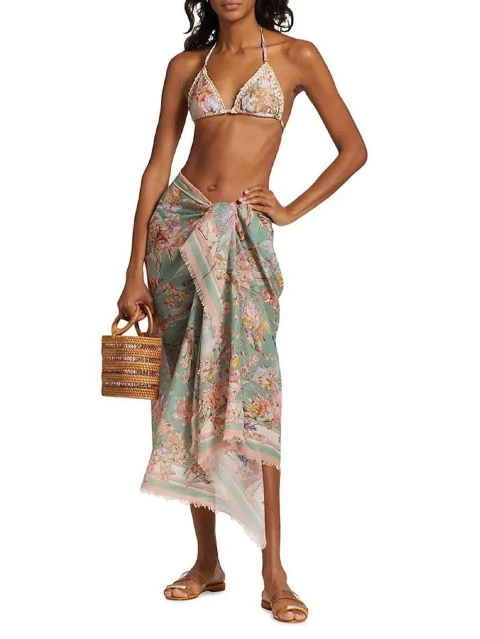 Women's floral print bikini set with skirt in creamy white beige colour