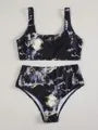 Women's marble tie-dye high-waist bikini with U-neck top for swimming.