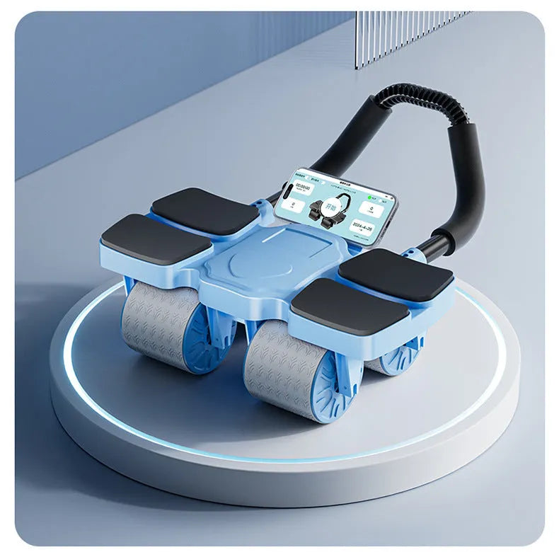 Four-wheel abdominal roller with automatic rebound mechanism in black, blue, or orange.