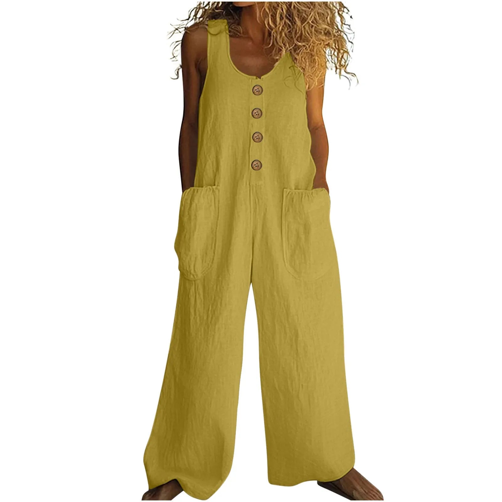 Sleeveless wide leg cotton jumpsuit in army green with pockets and loose fit