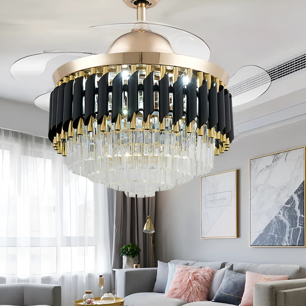 Crystal chandelier ceiling fan light with remote control in 42 inch or 48 inch size options