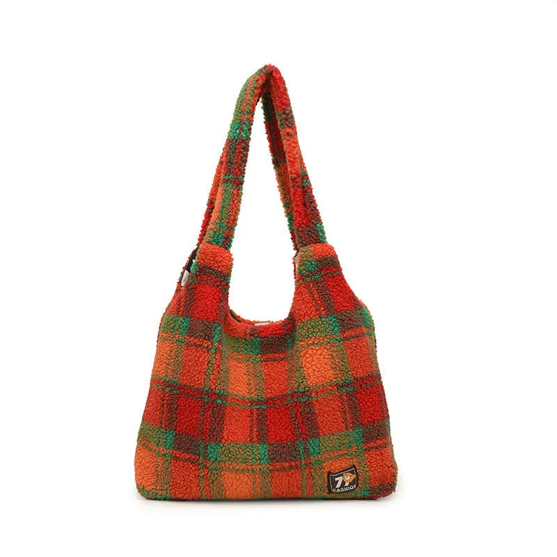 Women's plaid crossbody tote bag in soft plush material with horizontal square shape
