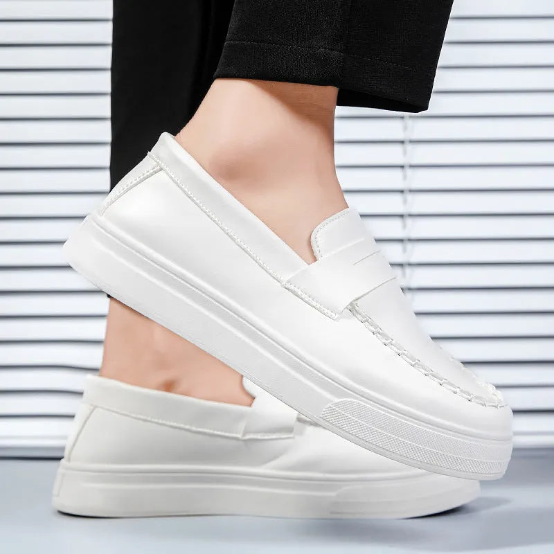 British style casual leather shoes in artificial PU, round toe, shown in white, black and white, and khaki colours.