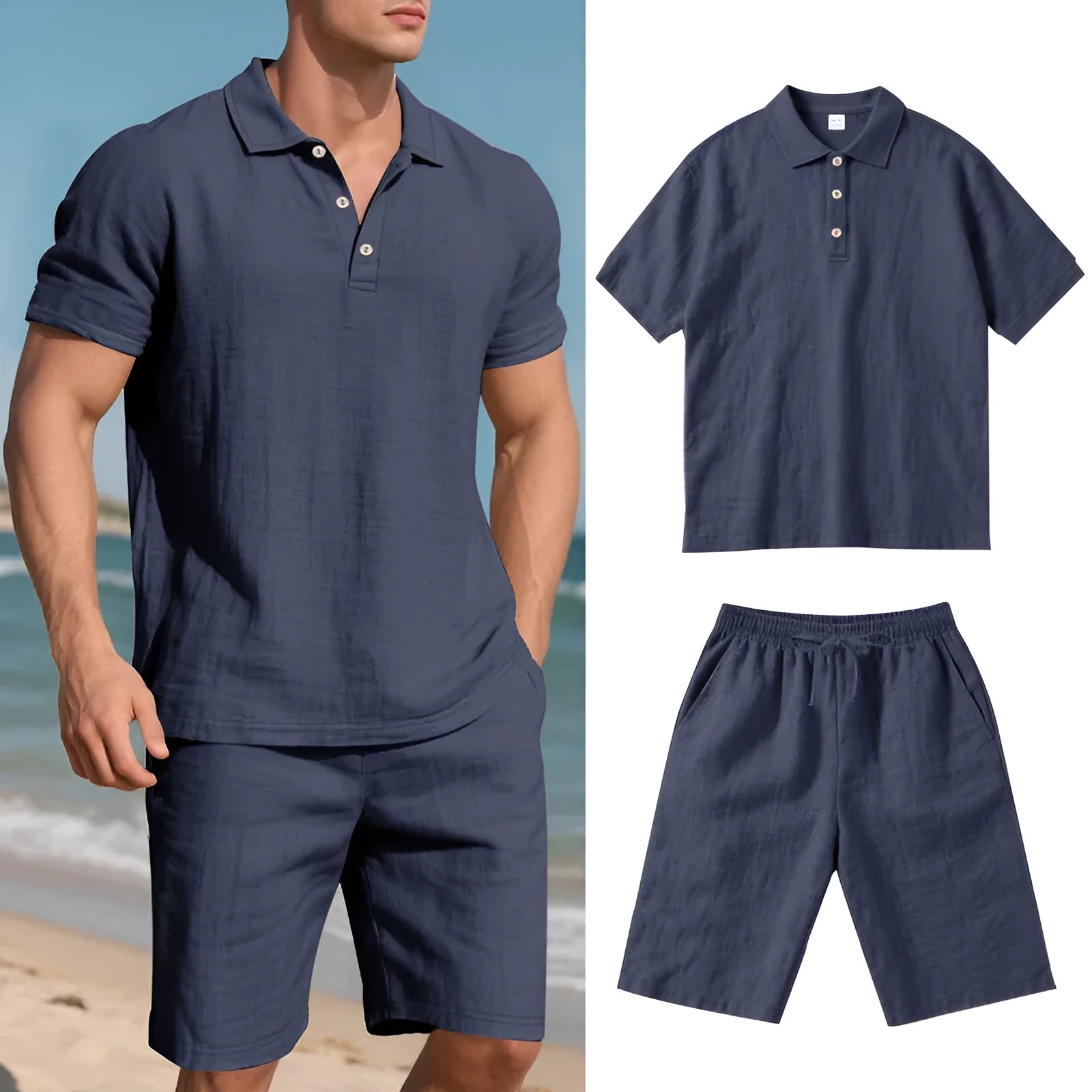 Men's loose-fit linen blend shorts suit in light blue for summer, showing short-sleeve shirt and matching shorts.