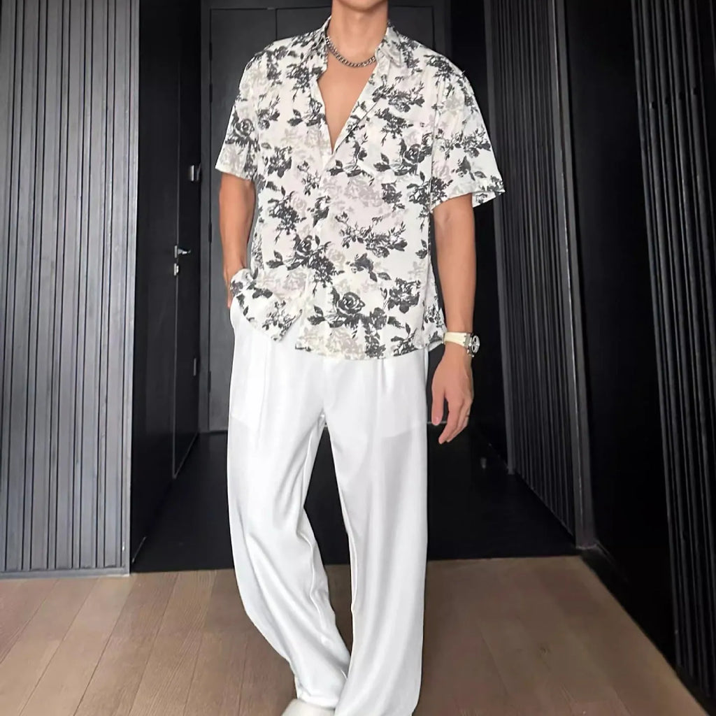 Floral printed short sleeve shirt in loose casual pendant style shown in white and black options