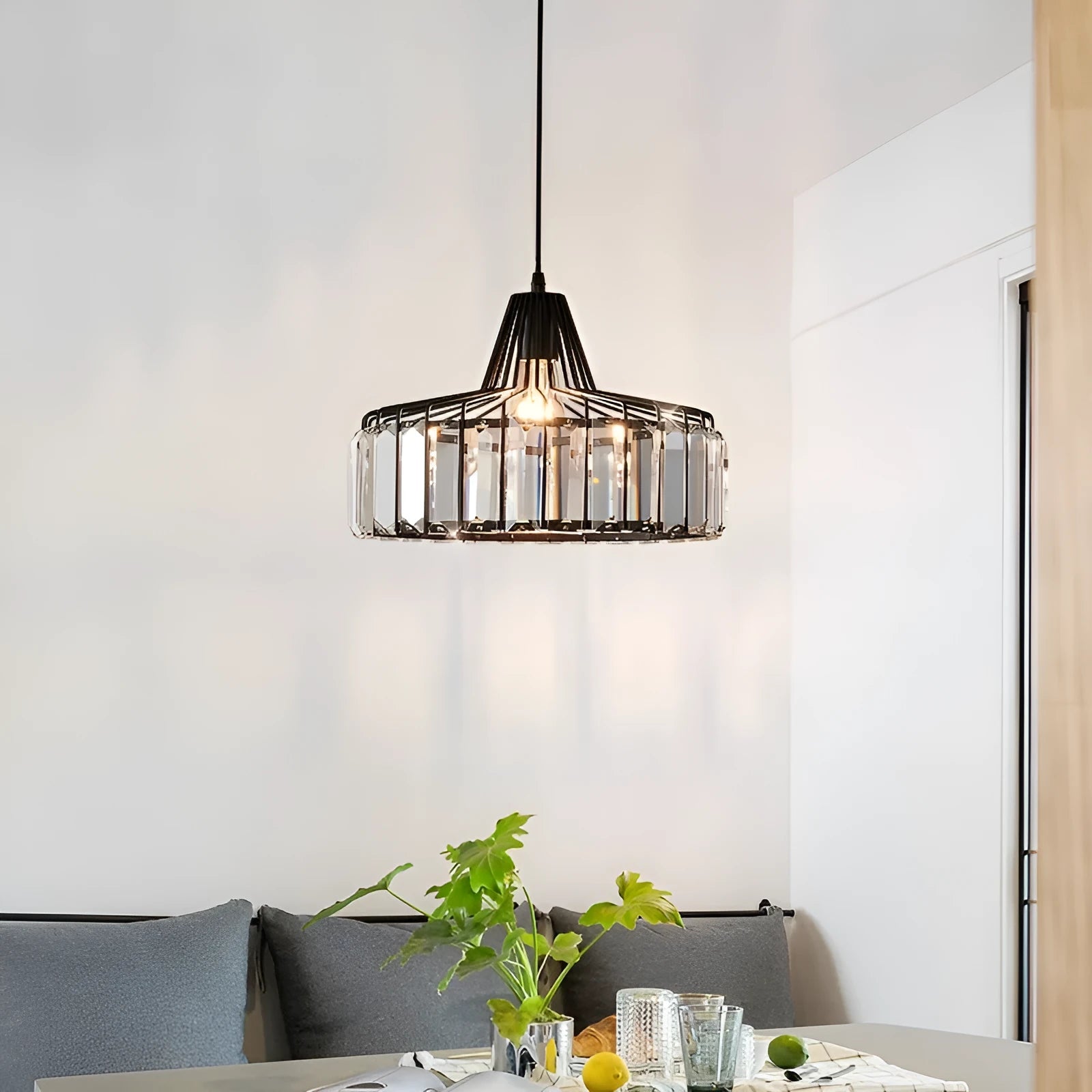 Modern black and gold crystal chandelier ceiling lamp with LED lights in various sizes.