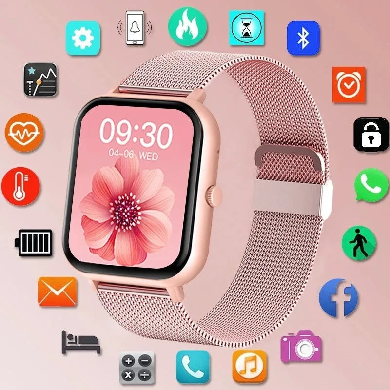 Smart watch with AMOLED display showing health metrics including heart rate, blood pressure and blood oxygen readings
