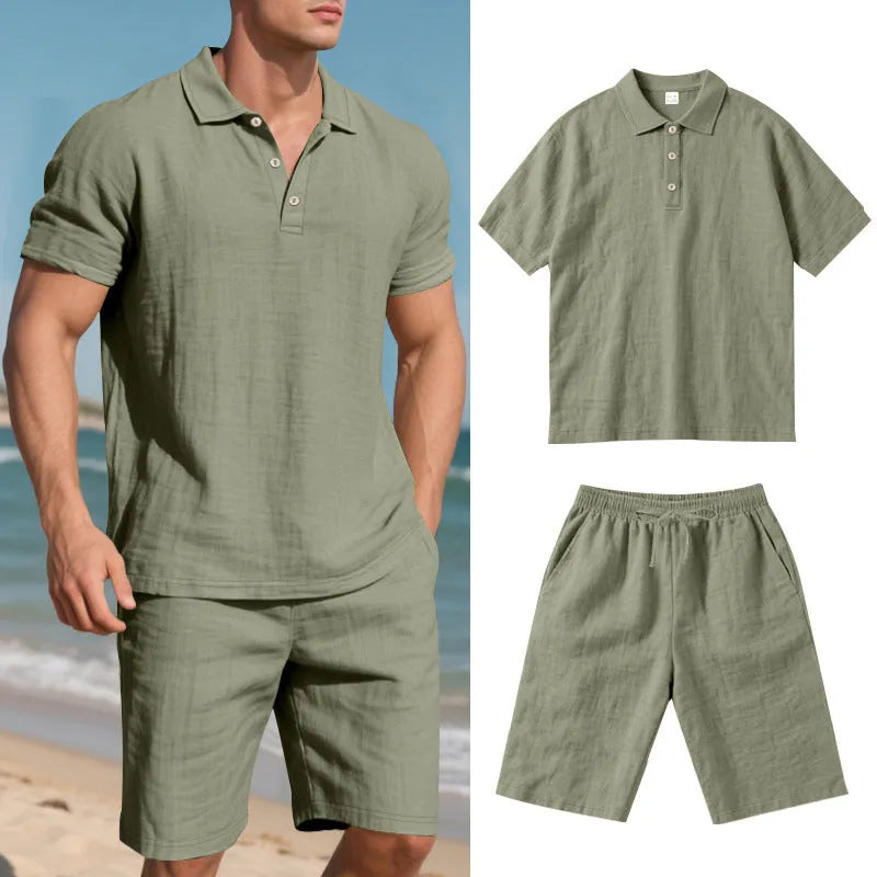 Men's loose-fit linen blend shorts suit in light blue for summer, showing short-sleeve shirt and matching shorts.