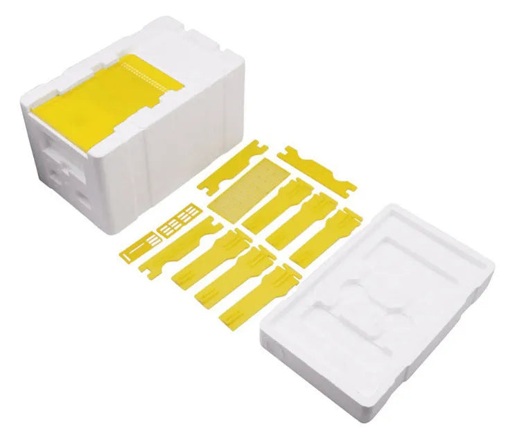 Three white EPS foam bee delivery boxes measuring 110x110x80mm for queen introduction and colony management