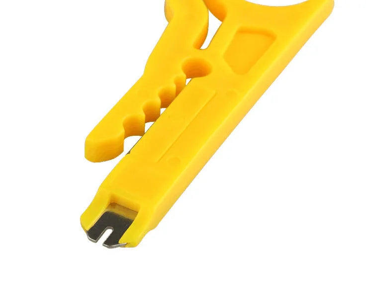 Yellow mini portable wire stripper tool with a metal blade for 0.6 mm cables.