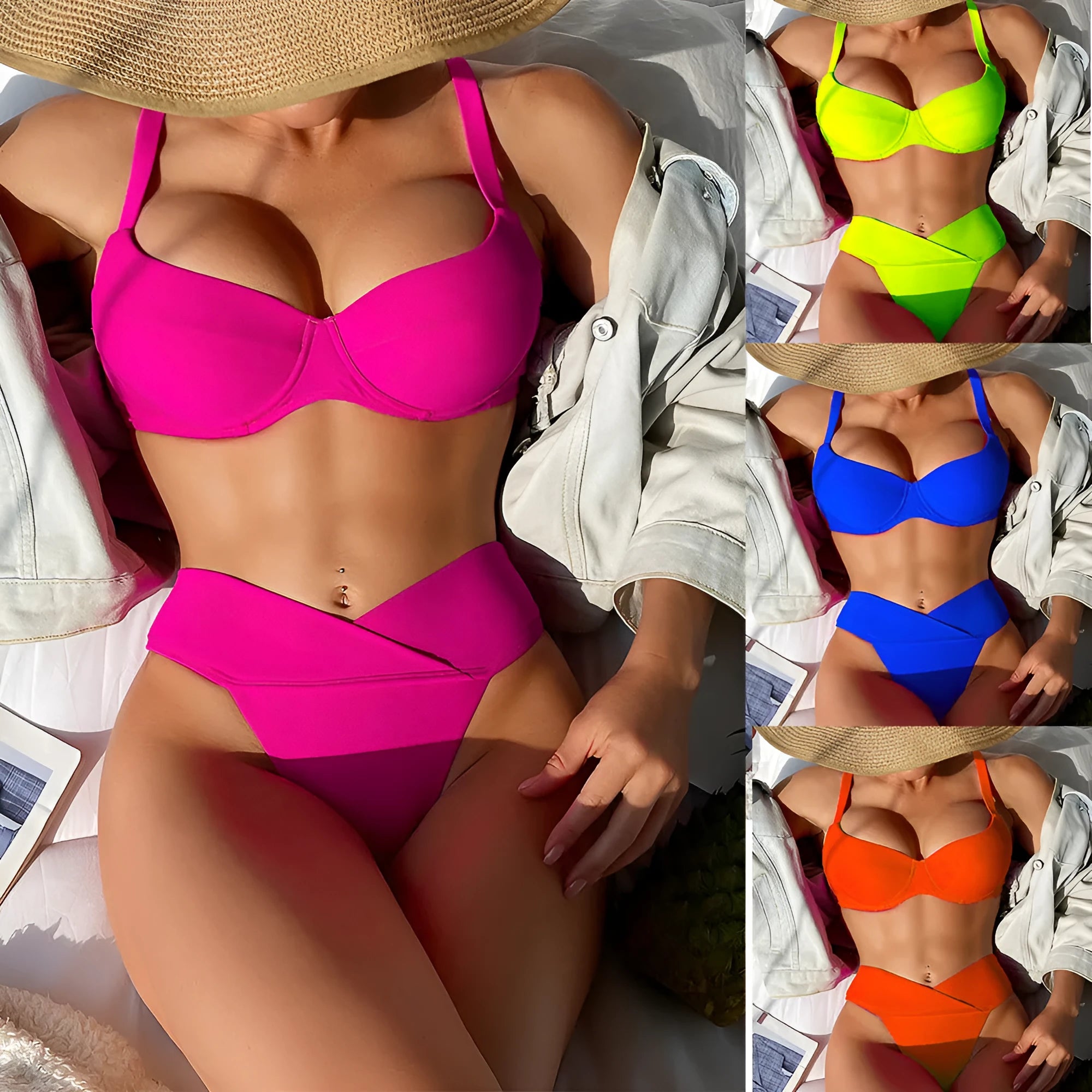 Solid colour bikini swimsuit with briefs style and polyester lining in fluorescent colours