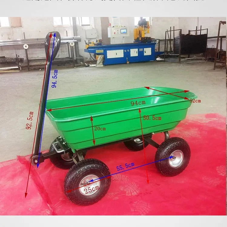 Green four-wheel plastic dumptruck with tipping bed, model TC2145.