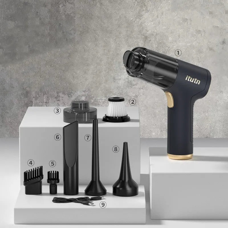 Black wireless handheld vacuum cleaner with multiple nozzles for car and home cleaning
