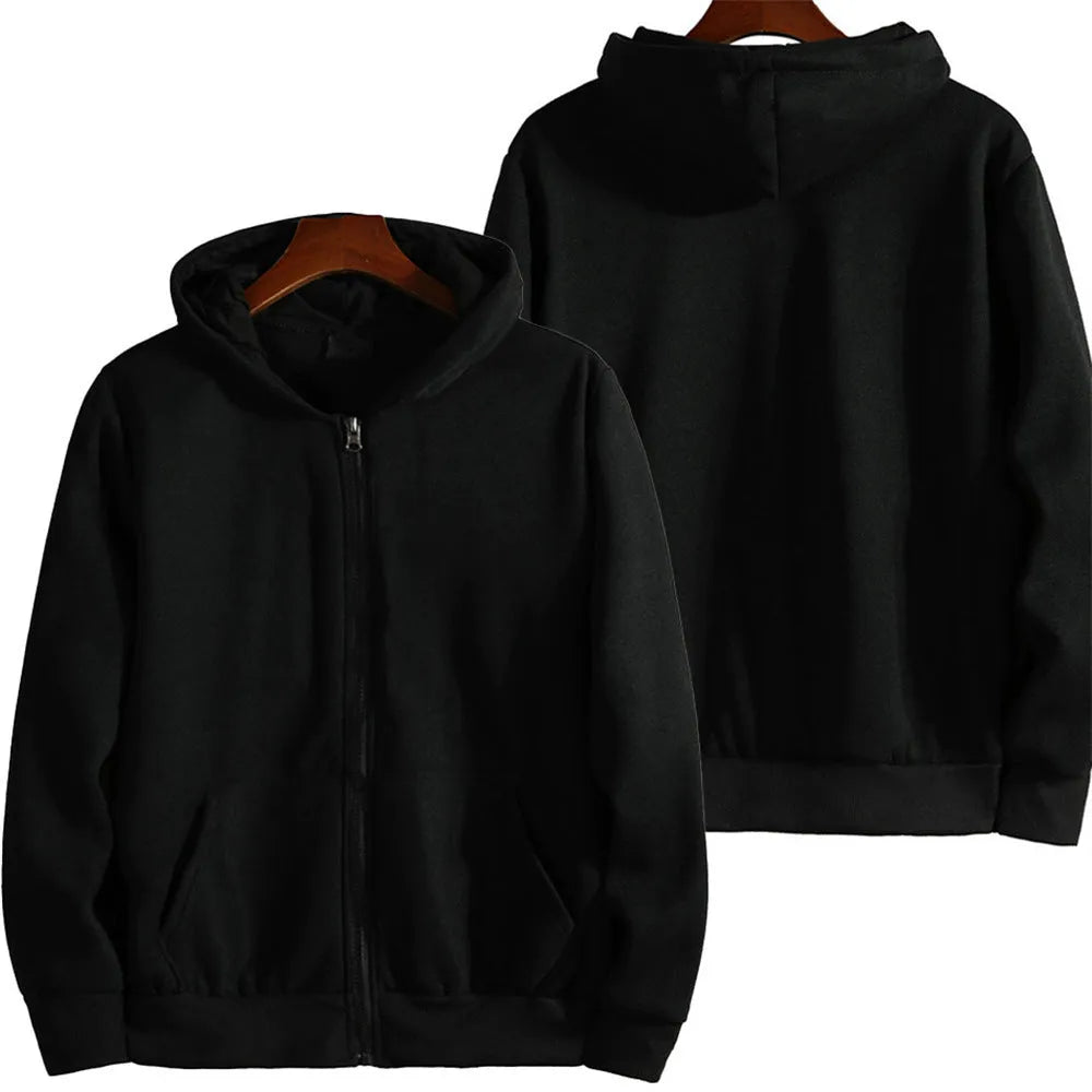 Men's solid colour loose fit zip-up sports jacket on a hanger