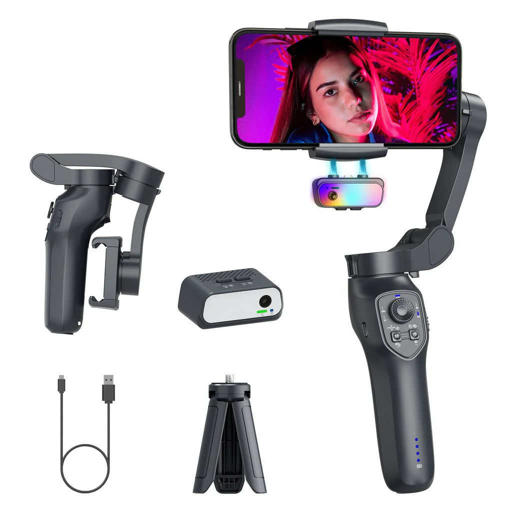 Handheld smartphone camera stabiliser gimbal in gun colour with foldable design