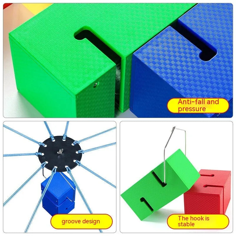ABS plastic team building game equipment with tower blocks, pull ropes and hook frame for group coordination activities