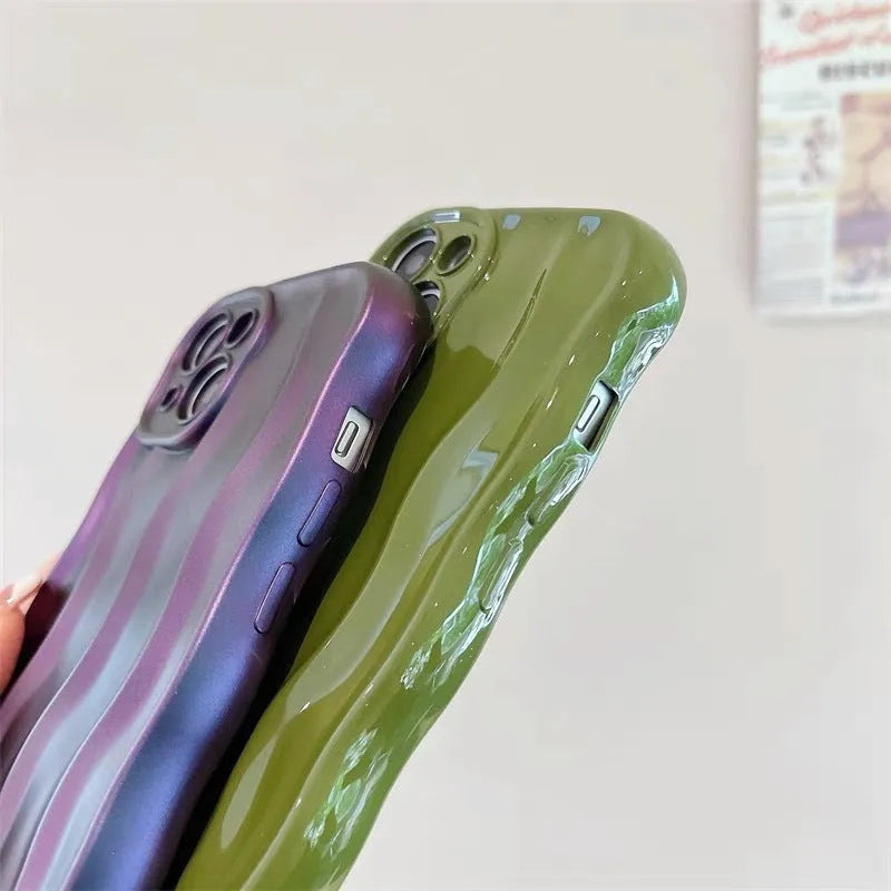 Silicone iPhone 17 case with water ripple texture in wavy green colour showing soft shell construction