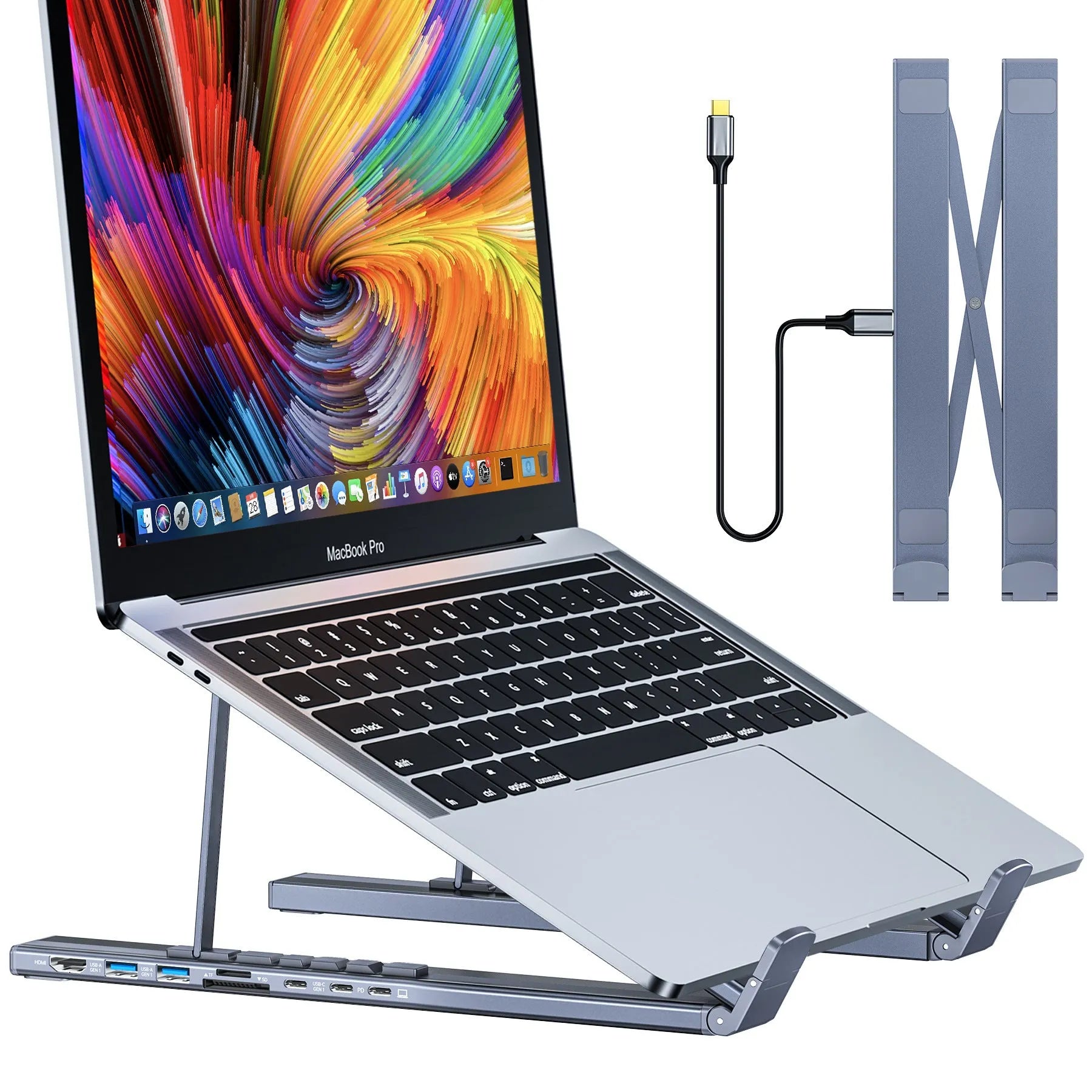 Aluminium alloy laptop docking station stand with 8-in-1 hub ports and folding design