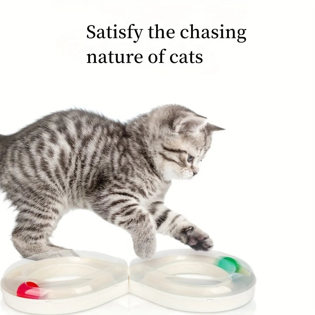 Blue and white cat turntable track ball toy with teasing stick measuring 50cm wide