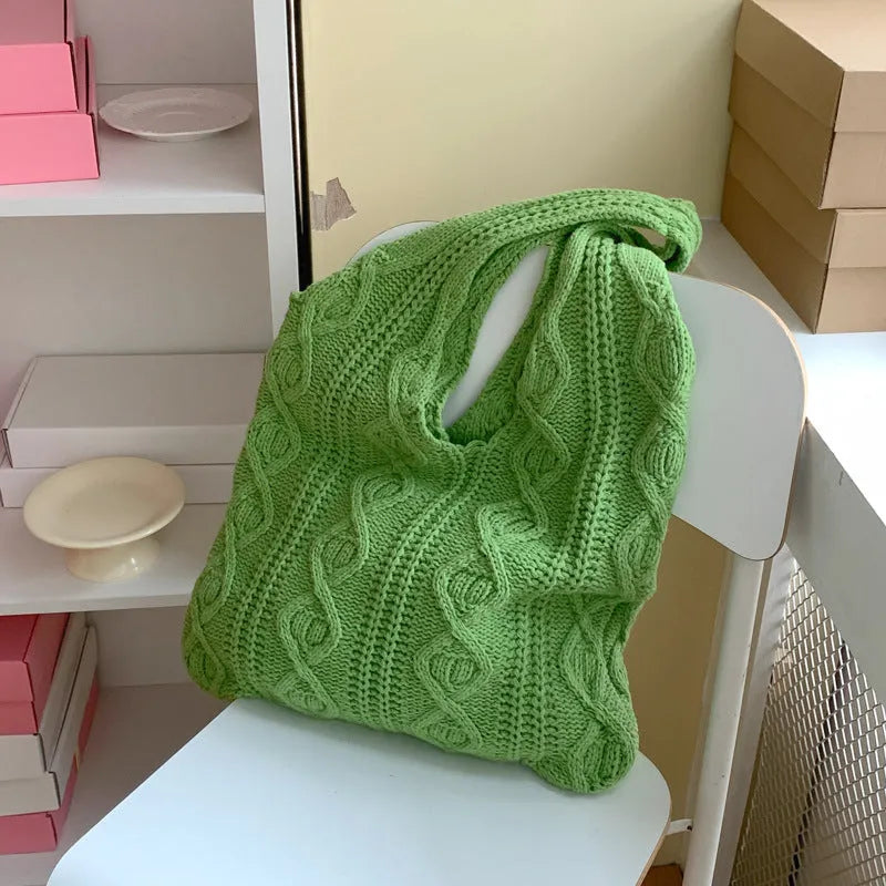 Retro hollow knitted polyester tote bag in a solid colour with double shoulder straps.